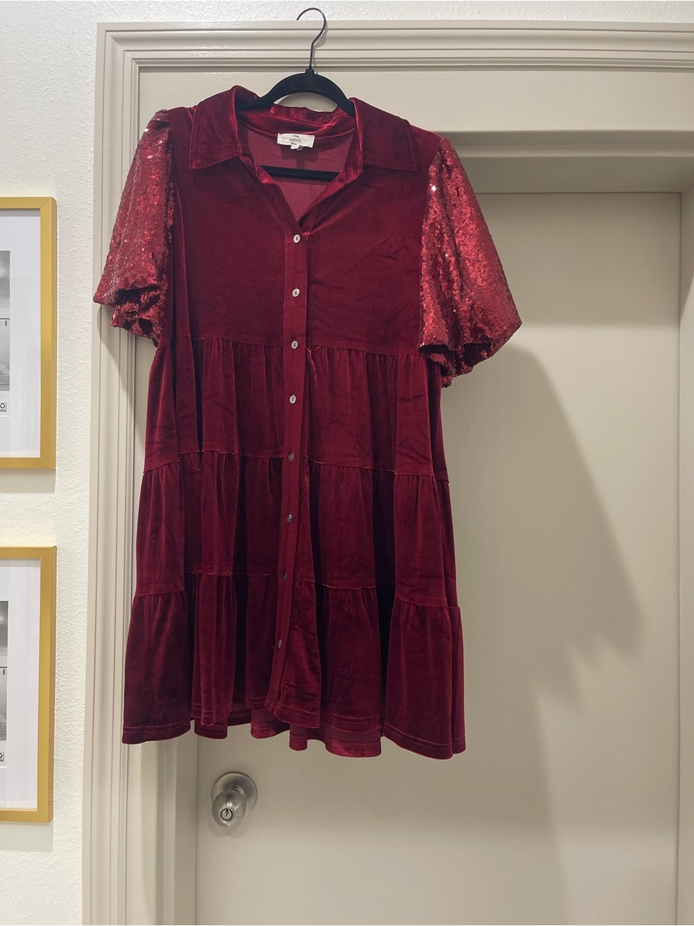 Burgundy Velvet Tiered Dress with Sequin Sleeves